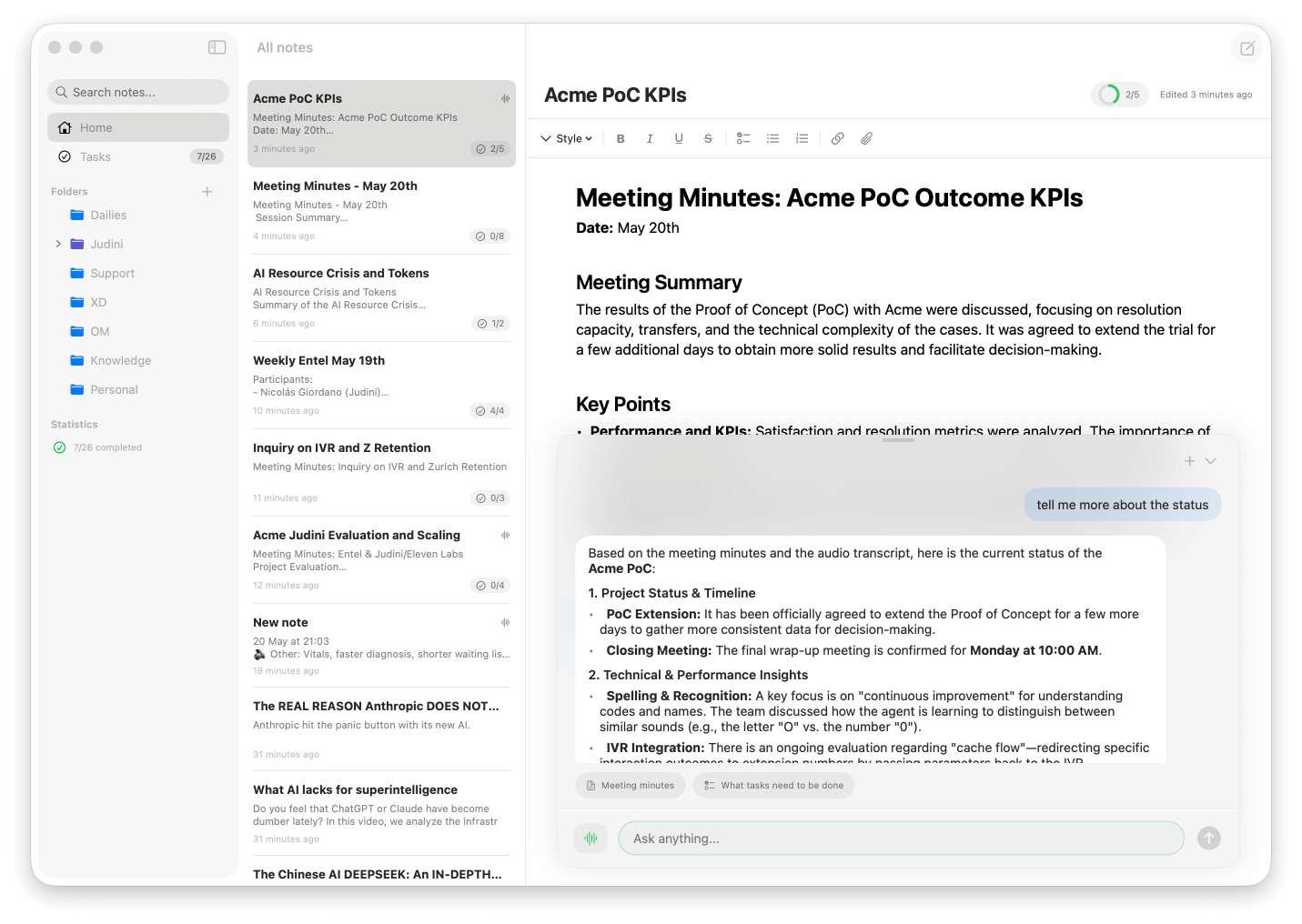 NotesXD always-on AI chat with session history, folder context and Google Calendar on macOS