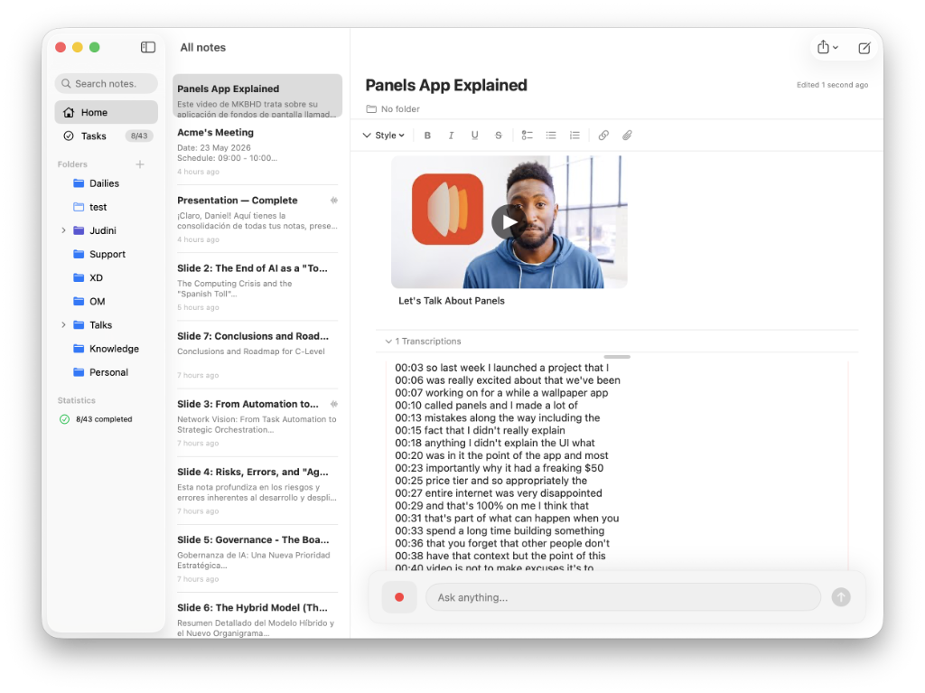NotesXD note with embedded YouTube video and automatic transcript as AI context on macOS