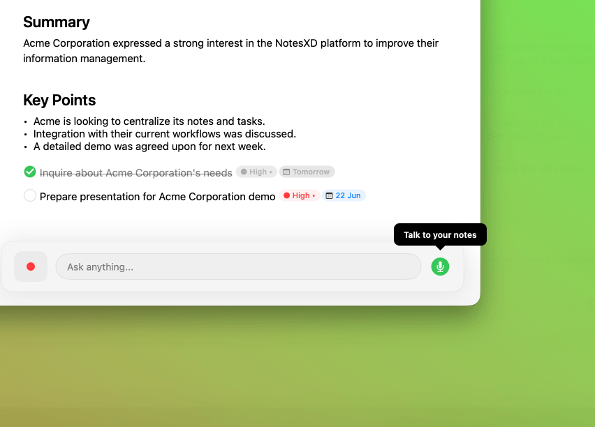 NotesXD voice conversation: talk to your notes hands-free on macOS, transcribed into the chat